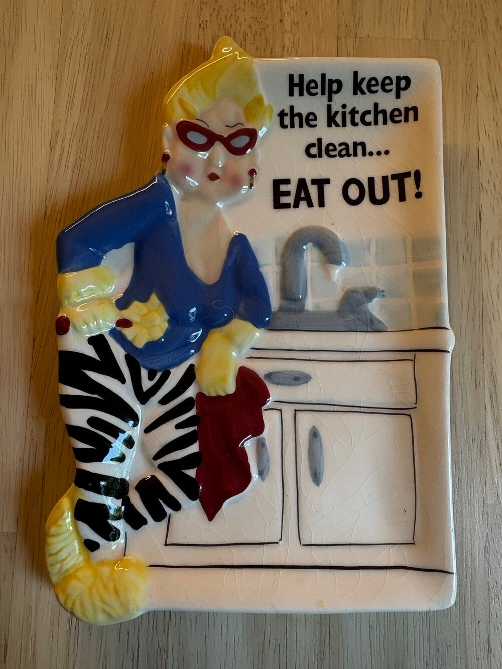 Retro Novelty Ceramic Spoon Rest Zebra Print Funny Kitschy Camp Kitchen Decor
